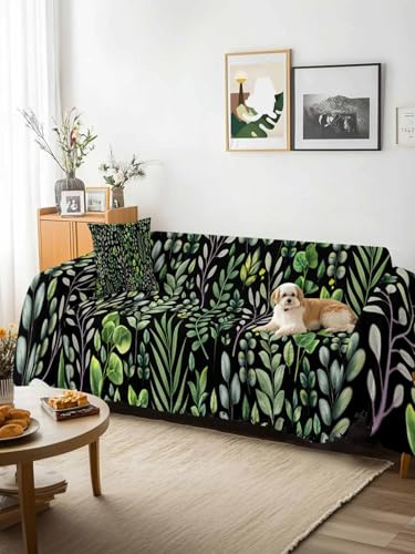 Green Leaves Sofa Cover Blanket Couch Covers for Armchair Cushion,Couch Sofa Silpcover with Tassel,Elegant Pastoral Summer Botanical Watercolor Living Room Throw Towel Blanket Covers XX-L 71x150