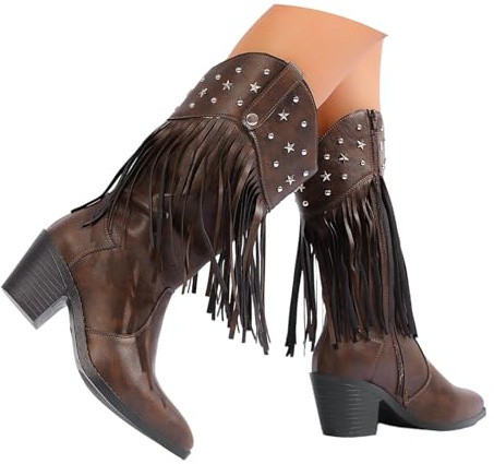 HTNEDNST Botines de vaquero para mujer, con flecos, botas de vaquero, botas occidentales, estilo vintage, botas de equitación de media altura, botas occidentales, tacón de bloque elegantes, cómodas