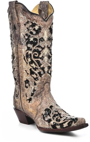 Corral Boots Bottes western à motif floral noir pour femme | Bottes de cowboy à bout ciselé avec incrustation pailletée, cristaux et clous décoratifs, marron, 39.5 EU
