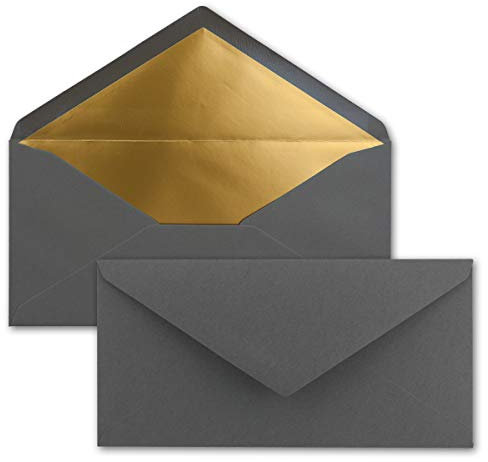 50 Brief-Umschläge DIN Lang - Anthrazit-Grau mit Gold-Metallic Innen-Futter - 110 x 220 mm - Nassklebung - festliche Kuverts für Einladungen