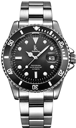 Alienwork Automatikuhr Armbanduhr Herren Damen Silber Edelstahl Metallarmband Kalender Datum Schwarz