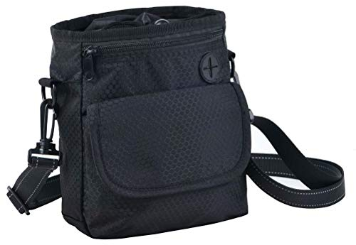HANWELL Futterbeutel für Hunde Leckerlies, Hundeleckerlitasche mit Poop Spender-Verstellbarer Taillen/Schulterriemen, Mehrfachtaschen für Tragende Hunde Kibble und Spielzeug (Schwarz, Fußballmuster)