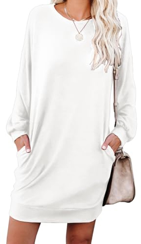 PrinStory Women's Casual Sweater Dresses Fall Winter Crewneck Loose Fit Basic Pullover Tunic Dress with Side Pockets for Work & Weekend White L