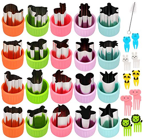 31Pcs Emporte-pièce Légumes, Mini Emporte-pièce Fruits en Acier Inoxydable, Moule en Forme d'animaux pour Gâteaux Biscuits Sushi, Coupe-Légumes Ensemble avec 1 pinceau + 10 Dessin animé Cure-Dents