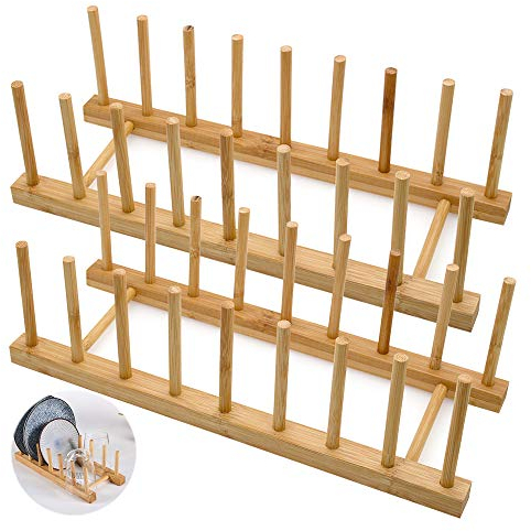 Bamboo Plate Drain Rack for Kitchen Cupboards Bamboo Wooden Chopping Board Tray Dish Rack Stand Drainers, Kitchen Cabinet Organizer for Plate/Cup/Pot Lid (2, 8 Slots)