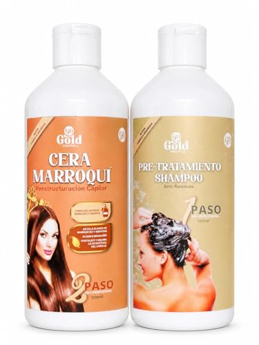 Gold DIAMOND Cera Marroquí Kit 2 Pasos | Alisado Brasileño Profesional | Keratina + Arcilla Blanca Marruecos + Argán | Gruesos Crespos Rizados Afro | Sin Formol | Fabricado en España (Mediano, 500mL)