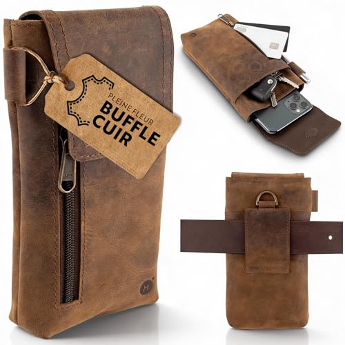 Moonster Porta Cellulare in Pelle – Porta Cellulare da Cintura in Vera Pelle di Bufalo – Porta Telefono da 18 x 9 cm per Telefoni di Grandi Dimensioni – Con Passante per Cintura Sicuro e Resistente