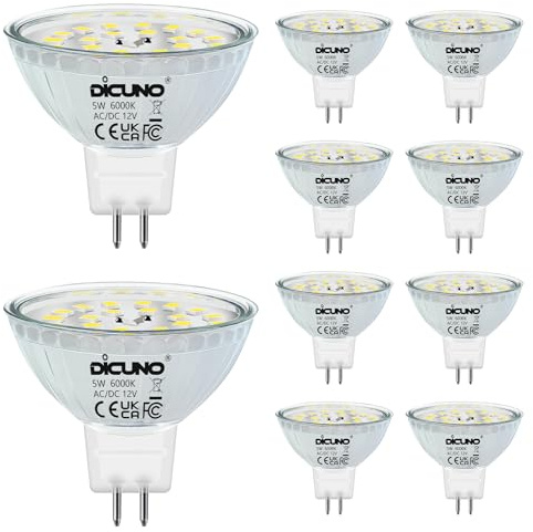 DiCUNO LED-lampa GU5.3 MR16 5W, kallvit 6000K, ej dimbar, 12V LED-lampor Spot GU 5.3, halogenekvivalent 50W, 500LM, strålvinkel 120 °, 10 st