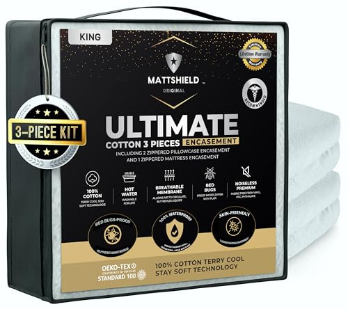 MATTSHIELD Ultimate 3-Piece Kit - Bed Bug-Proof Mattress Cover King Size 100% Cotton Top + 2 Queen Pillow Protectors with Zipper - 6 Sided Waterproof Encasement, Total Defense Kit