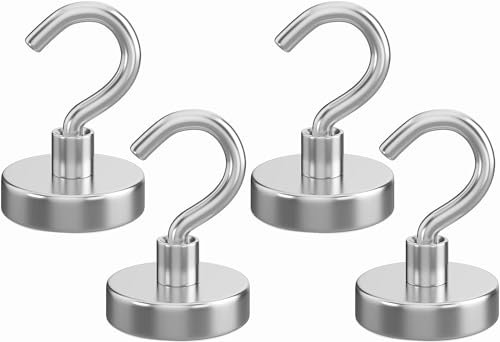 Realth Magnetic Hooks 4 Pack 36mm Strong Neodymium Magnets with Hook Color Sliver for Kitchen Warehouse Workplace Garage and Office (MH3604)