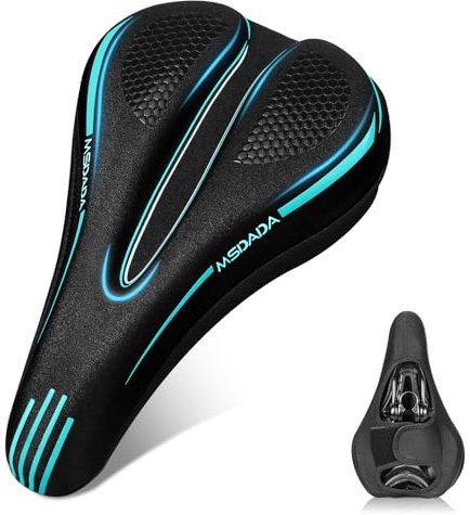 MSDADA Bike Seat Cushion Gel Padded Bike Seat Cover for Men & Women Comfort - Soft Bicycle Seat Cushion for Indoor & Outdoor, Exercise/Spin/Stationary/Mountain/Road Bikes - Cyan