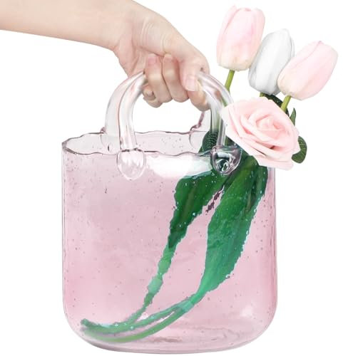 Unique Purse Vase for Flowers,Pink Handmade Thicken Bubbled Glass Bag Vases with Gradient Color for Home Decors .Great Clear Purse Flower Vase for Centerpiece,Floral Arrangement,Wedding Decors.