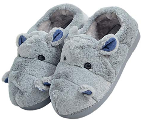 LANFIRE Pantoufles pour enfants et adultes en coton - Pantoufles enfant motif hippopotame - Pantoufles peluche - Pantoufles animaux - Pantoufles pour la maison, 40/41 EU Étroit
