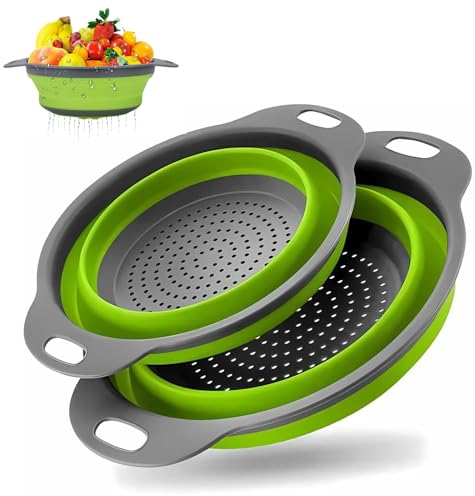 YanBous Set de 2 Coladores Plegables de Silicona, Colador de Cocina con Mango, Escurridor para Frutas y Verduras, Ahorro de Espacio, Ideal para Camping y Cocina, 30 cm y 25 cm (Verde)