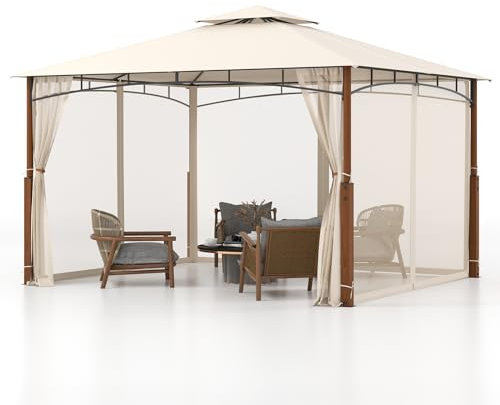 COSTWAY Tonnelle de Jardin 360 x 300 CM avec Moustiquaire, Pavillon de Patio Extérieur avec Toit à 2 Niveaux Cadre Métallique, Tente Gazebo à Toit Imperméable pour Pelouse Terrasse, Beige