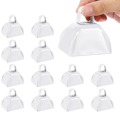 PATIKIL 3 Pouce Cloches de Vache pour les Matchs de Football, 12Pcs Cloches en Vrac Cloche de Vache en Métal avec Poignée pour Compétition d'Encouragement Marathon DIY, Blanc