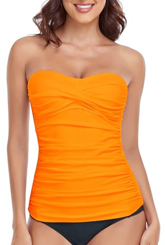 RELLECIGA Women's Orange Ruched Bandeau Tankini Top Swimsuits Size X-Large