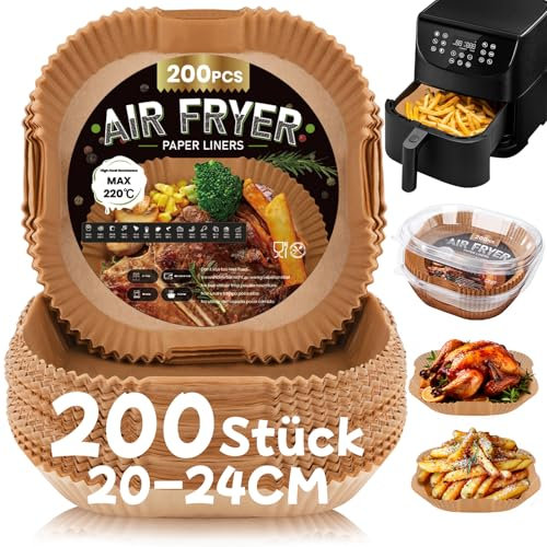 200 Stück Backpapier für Heißluftfritteuse,20-24CM Airfryer Backpapier Antihaft Wasserdicht Ölfest Einwegschalen Luftfritteuse Pergamentpapier Liner Kompatibel mit COSORI Philips Cecotec Russell Hobbs