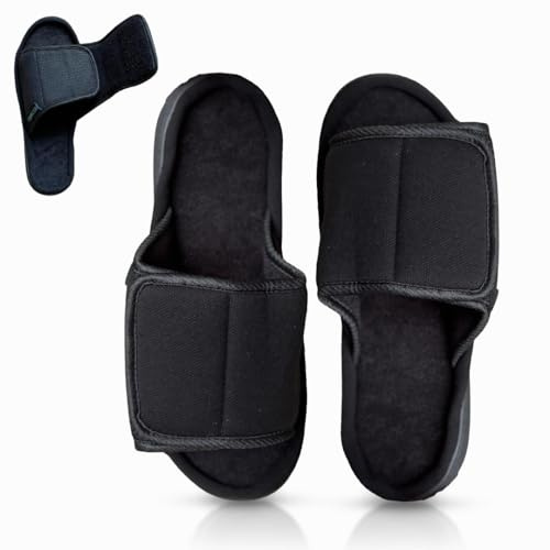 Beltwell® - Super-Wide & Adjustable Slippers For Very Swollen Feet for Men and Women (Black, US: 13-14 / EU-46-47)