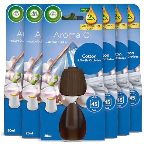 Air Wick aromaolja – värdepaket – påfyllningar med eteriska oljor – rumsdoft Cotton och vit orkidé – 6 x 20 ml