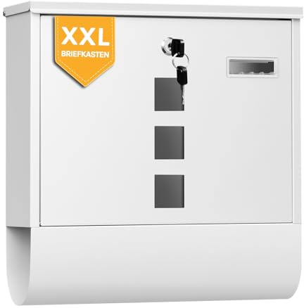 WOLTU Briefkasten mit Zeitungsfach Sichtfenstern, Postkasten mit Namensschild personalisiert, Wandbriefkasten abschließbar, inkl. 2 Schlüssel, modern, Weiß, 37x37x11 cm