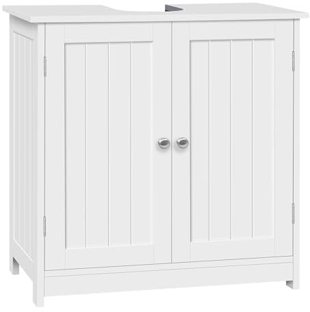 WOLTU Meuble sous Lavabo de Salle de Bains, Placard sous Vasque, Armoire WC Rangement sur Pieds avec 2 Portes et Étagère Réglable, Blanc, 60x30x60 cm