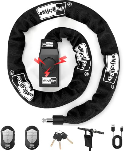 eMjollRay 120cm Fahrradschloss mit Alarm 110dB Fahrrad Alarmanlage Schloss für E Scooter Ebike Fahrradschloss Hohe Sicherheit 8mm Dickes Kettenschloss, 2 Fernbedienungen,3 Schlüssel,USB C Kabel,Tasche