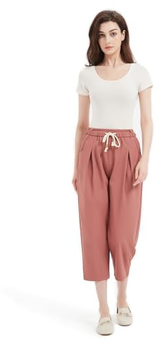 GLOWELFA Pantalon Femme Été Pantacourt Fluide Léger – Coupe Large Taille Élastique avec Cordon, Confortable et Respirant Idéal Vacances Voyage Quotidien