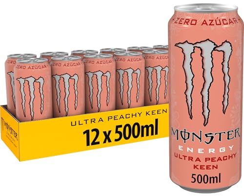 Monster Energy Ultra Peachy Keen, Bebida Energética Sin Azúcar- Pack de 12 Latas de 500ml