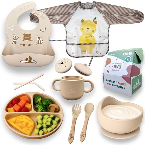 Tinyfluffy - Vajilla Bebe Silicona - Cubiertos Bebe 6 Meses - Platos Bebe Ventosa - Blw Utensilios - Vajilla Infantil - Alimentacion Complementaria Bebe - Cubiertos Infantiles - Babero Silicona Beige