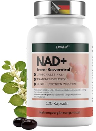 EXVital® NAD+, 1000mg NAD+ & 600mg Trans-Resveratrol pro Tag- 120 vegane Softgels - liposomal & maximale Bioverfügbarkeit, hochdosiert & laborgeprüft