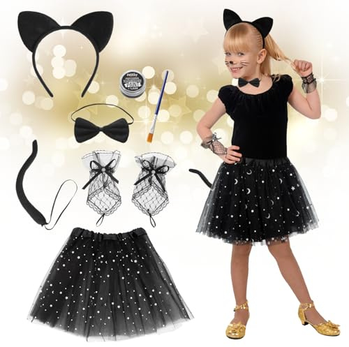 Festicy Deguisement Chat Fille I Set de déguisement chat enfant avec serre-tête, collier, gants, maquillage et pinceau I déguisement chat fille jusqu’à env. 120 cm I transforme en Cat Woman