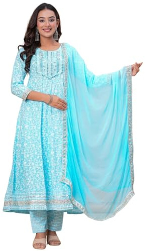 Women’s Cotton Anarkali Kurta Set | Floral Printed Long Kurti with Pant & Dupatta | Ethnic Wear for Festive, Casual & Daily Use (XX-Large, Blue)