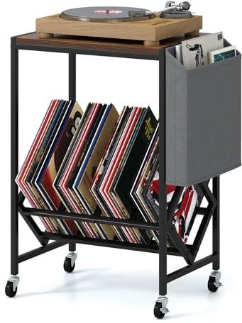 COSTWAY Mueble Tocadiscos con Ruedas, Soporte para Tocadiscos con Estante para Vinilos y Almacenaje Lateral, Mesa Auxiliar Móvil de Discos para Exhibición de Vinilos, 49,5x30x64 cm (Marrón Rústico)