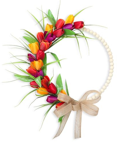 Srliya Corona per Porta D'ingresso, Decorazione da Appendere, Fiore Simulato con Perline di Legno, Decorazione per la Casa Primaverile (Rosso Giallo Viola)