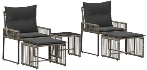 HETFTJN Juego de muebles de jardín de 11 piezas, color gris de ratán sintético, muebles de balcón con mesa, 2 sillas de jardín, 2 taburetes y tapicería, conjunto compacto para exteriores, terraza y