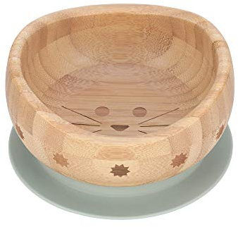 LÄSSIG Cuenco de bambú con ventosa/tazón de madera de bambú Little Chums Cat, gris