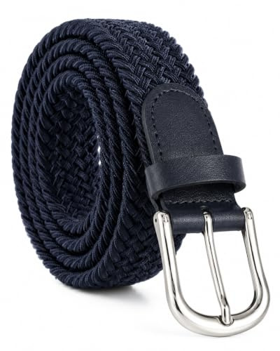 Streeze 30mm Stretch Belt - Braided Elastic Webbed Belt with Silver Metal Buckle (Medium, Navy)
