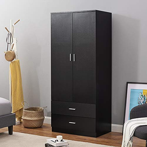 Panana 2 Door 2 Drawer Wardrobe with Hanging Rail Wooden Clothes Organizer Storage Cupboards Unit for Bedroom Furniture W 76.8 * D 50 * H 180cm (Black)