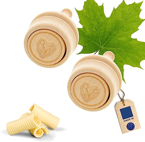 2 sellos de mantequilla HOFMEISTER® para mantequilla de 30 g, 5 cm, hecho a mano en Alemania, forma de mantequilla para decorar, forma redonda, modelo de mantequilla de madera de arce autóctona