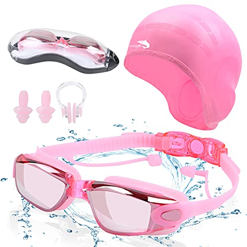 flintronic Schwimmbrillen + Badekappen Set,Badekappe Bademütze Schwimmkappe keine auslaufende Anti-Beschlagmit Ohrstöpseln & Nasenclips, UV-Schutz Schwimmbrille mit Antibeschlag für Herren & Damen