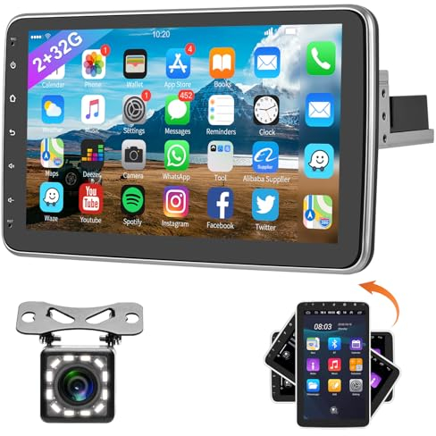 2+32G Podofo Android Autoradio 1 Din 10-Zoll Mirror Link Drehbarem Bildschirm mit Navi Bluetooth FM/RDS Radio Doppelt USB+MIC/HD Rückfahrkamera/RCA Kabel/Lenkradsteuerung