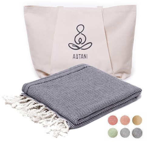 ATANI Toalla de Playa turca de Gran tamaño, 100% algodón, sin Arena, Ligera, Suave, Absorbente, de Secado rápido, Toalla de Playa turca para Yoga, Viajes y Piscina (Negro + Bolsa)