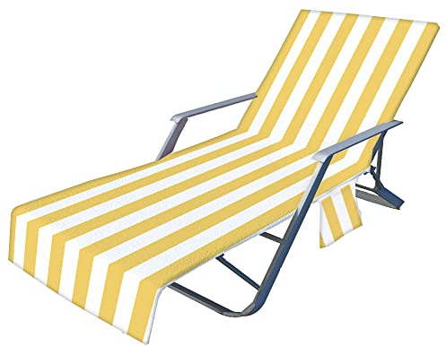 Surwin Schonbezug Für Gartenliege Streifen Strandliegenauflage Frottee Liegenauflage Stuhl Strandtuch Sun Lounger Bezug mit Tasche Sporthandtuch für Strand Garten Schwimmen (75x210cm,Gelb)