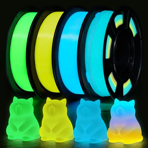 RepRapper Glow in The Dark PLA Filament 1.75mm (4×250g) – 3D Printer Filament Bundle, High-Brightness Luminous PLA in Green+ Blue+ Yellow + Rainbow for FDM Printers