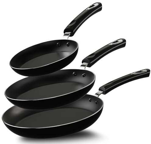 KICHLY Induction Hob Pan Sets Non Stick, 3 Pcs Fryingpans, Professional Chefs Kitchen Cookware, 20cm, 24cm, and 28cm (Black, 4 Packs of 3)