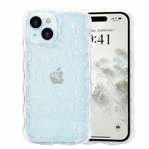 Micoden for iPhone 15 Plus Case Clear with Flower Floral Anti-Yellowing | Cute Curly Wave Frame,Soft TPU Slim Bumper,Shockproof Anti-Scratch Protective Wavy Cover for Girls Women-White