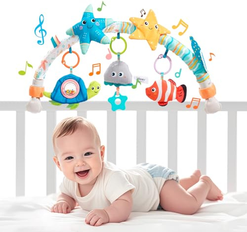 Jollybaby Musical Bassinet Stroller Crib Mobile Toy for Baby 0-6-12 Months, Infant Clip On Arch Hanging Toy with Music, Montessori Sensory Nursery Mobiles Attachment Toy for Newborn Gift - Starfish