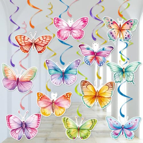 INGJIA 12 Decoraciones de Remolinos de Mariposas Adornos de Fiesta de Flores de Verano Colgantes Serpentinas de Techo de Lámina para Baby Shower Primavera Mujer Niño Cumpleaños Boda Suministro