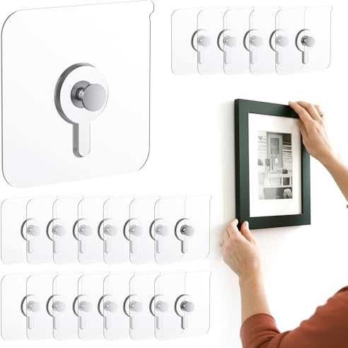GCXIXPY 20 Pcs Adhesive Picture Hooks, 20 Ibs Load Heavy Duty Self Adhesive Wall Hooks for Hanging, Waterproof Picture Hangers Without Nails for Bathroom Kitchen, Transparent Sticky Hooks for Frames